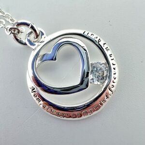 Mom Forever In My Heart Silver Tone Clear Rhinestone Pendant Necklace 17.75”